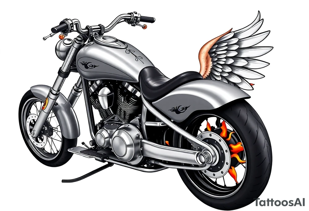 Low rider grey motorcycle, big muffler pipes with flames, angel wings tattoo idea
