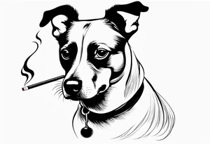 A black and white sketch of a cute dog with large, sad eyes, sitting and smoking a cigarette, with smoke swirling around its head tattoo idea