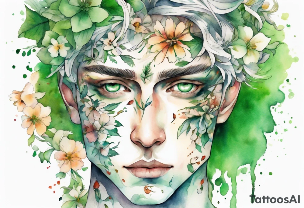 a handsome face covered in flowers with green eyes tattoo idea