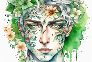a handsome face covered in flowers with green eyes tattoo idea