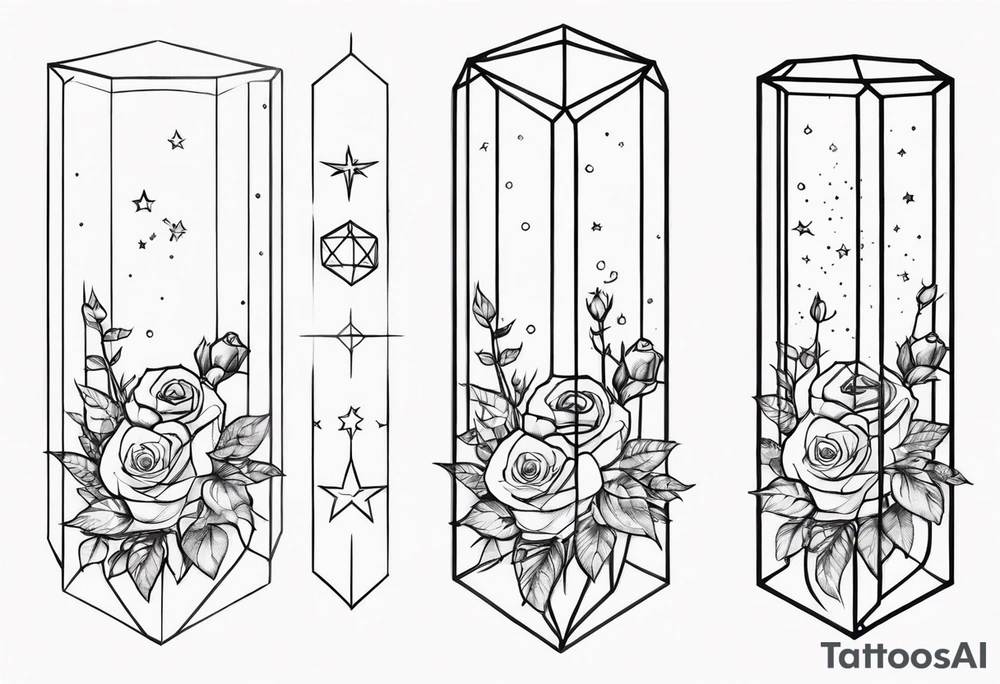 Tall Tesseract with roses and stars top and bottom dainty tattoo idea