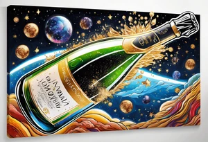 A champagne bottle exploding in space, above the world tattoo idea