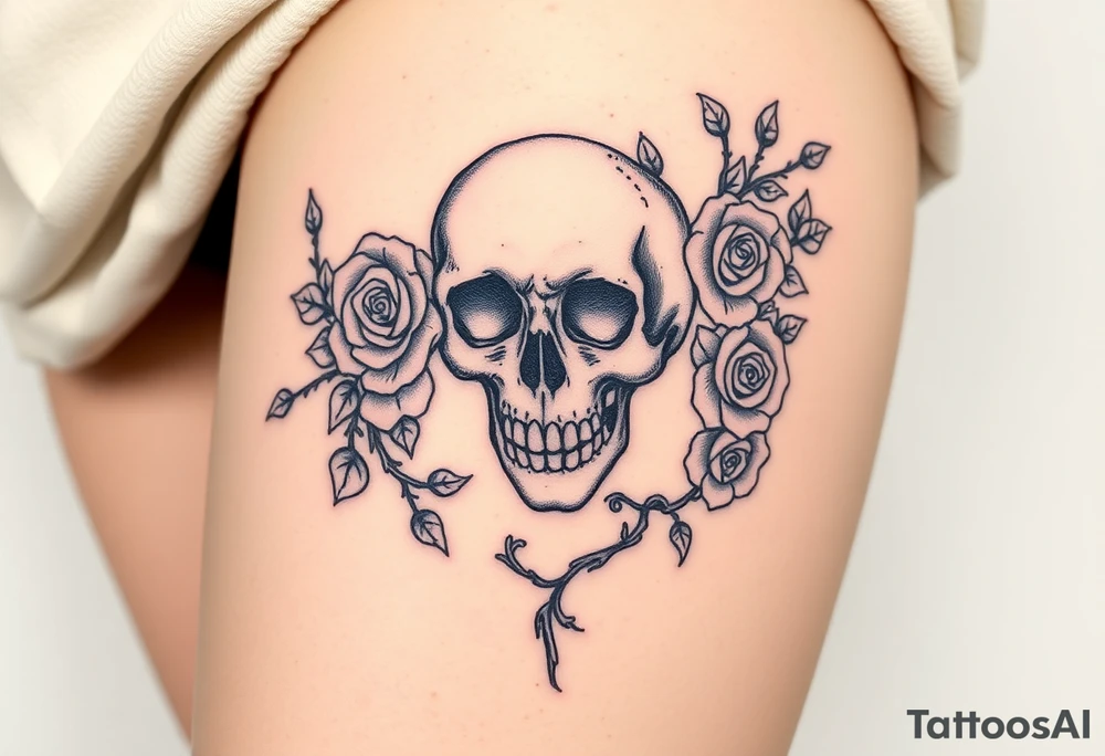 gothic skull intertwined with climbing roses and thorny vines tattoo idea