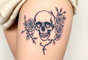 gothic skull intertwined with climbing roses and thorny vines tattoo idea
