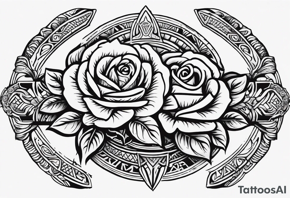 Design a masculine tattoo depicting three delicate rose buds being embraced and protected by 
Aztec weapons. The weapons should include elements such as the macuahuitl (Aztec sword-club)
, arranged in a way that forms a protective circle or embrace around the roses. Carve the entire image as if it were a stone sculpture by an ancient Aztec artist, with the texture resembling intricately detailed stone carvings. The roses should be slightly softer but still stylized in stone, giving the entire tattoo a powerful, yet artistic and ancient feel. Use bold, sharp lines to capture the essence of Aztec craftsmanship

Historically accurate tattoo idea