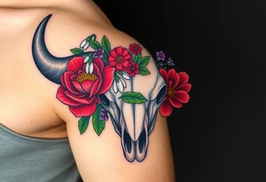 Buffalo or bison skull with flowers. Red Peony, snowdrop, green holly with red berries, purple larkspur,  red peony. Colour. For upper arm or shoulder. Masculin. tattoo idea