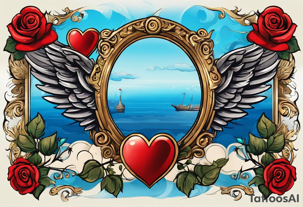 Cupio fly boy wings and a bow,, bacground sea ancient rome gods , blue roses frames, red heart bow tattoo idea