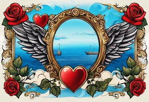 Cupio fly boy wings and a bow,, bacground sea ancient rome gods , blue roses frames, red heart bow tattoo idea