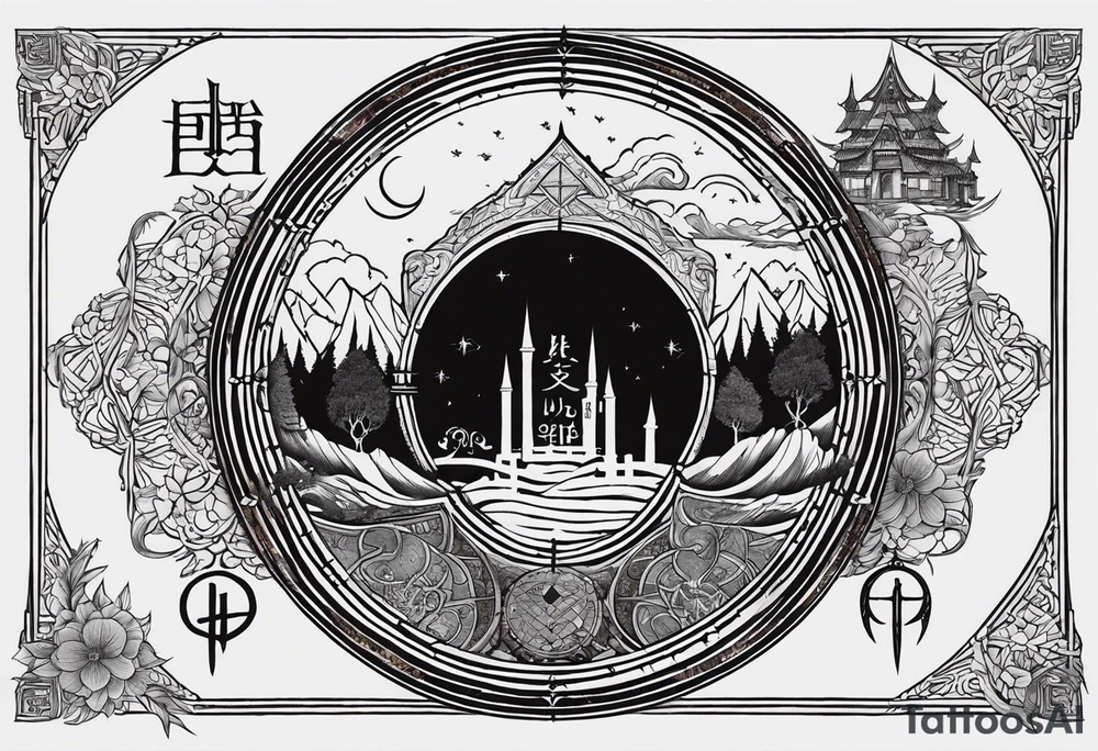Lord of the rings and Harry Potter movie mashup. Small and simple. Hobbit door hole, wands, elvish writing, deathly hallows tattoo idea