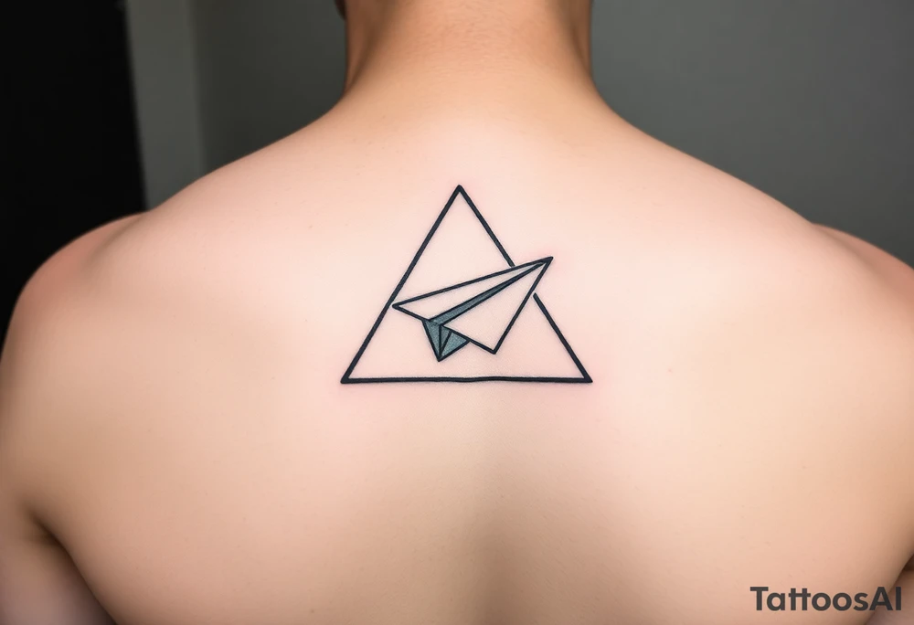 Geometric small triangle with a paper plane while being psychedelic with fine thin lines tattoo idea