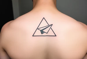 Geometric small triangle with a paper plane while being psychedelic with fine thin lines tattoo idea
