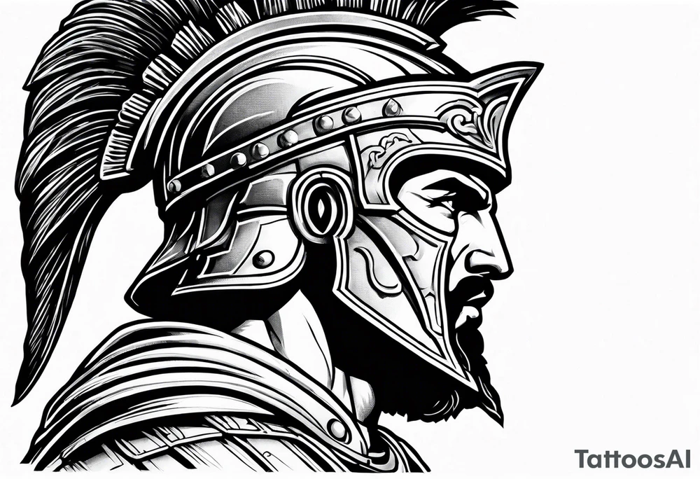 Side profile Spartan Solider ancient roman city in the background tattoo idea