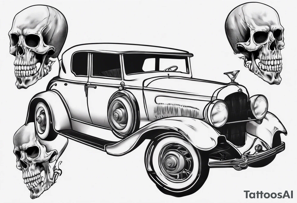 Vintage classic car with skeleton coming from the bonnet tattoo idea Vintage classic car with skeleton coming from the bonnet tattoo idea