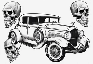 Vintage classic car with skeleton coming from the bonnet tattoo idea