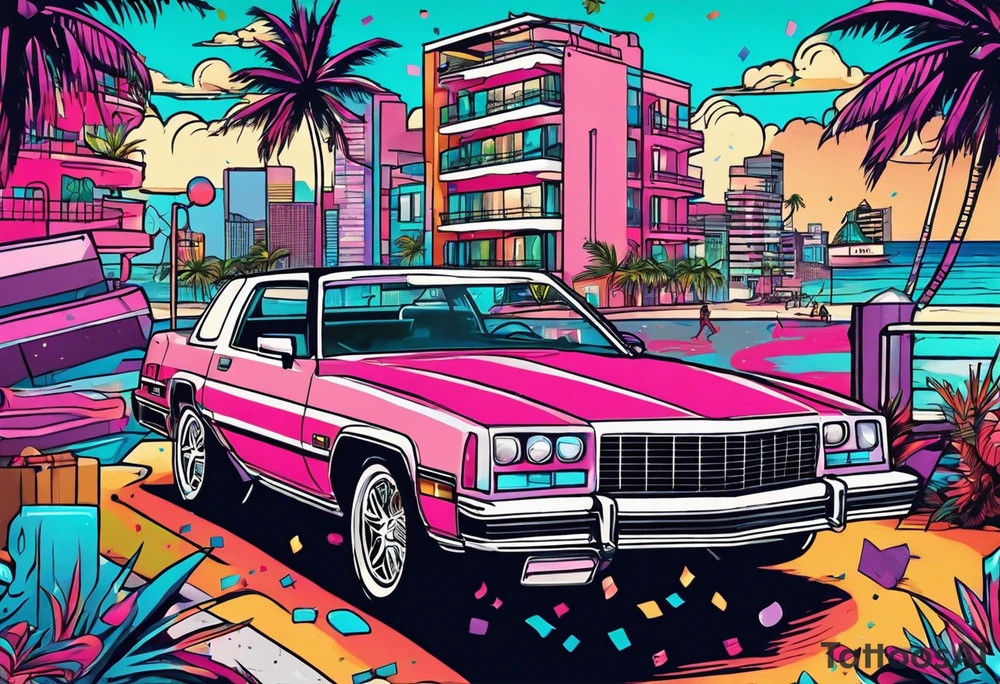 1980's miami vice style dance party with boom box, confetti, music notes in a retro eighties beach theme, no cars tattoo idea