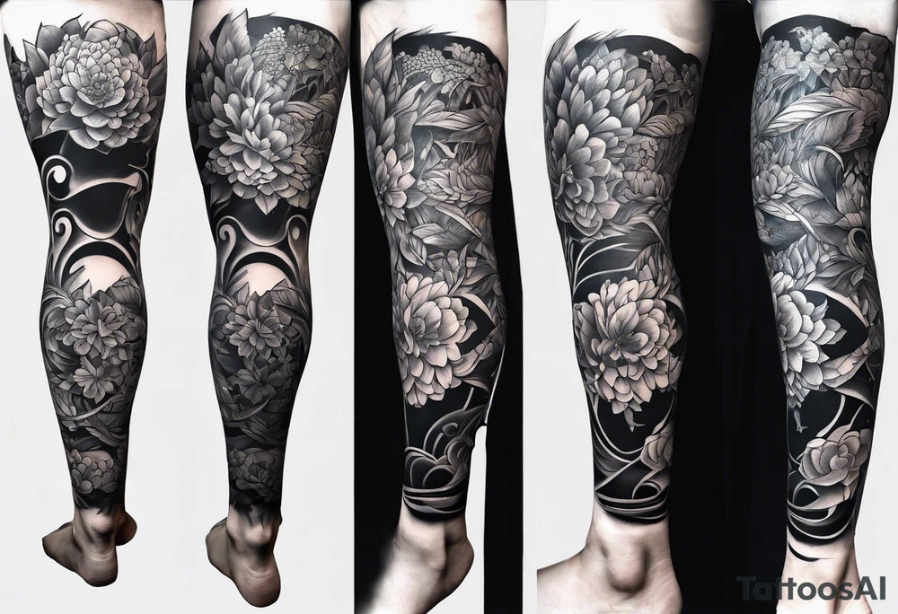 Lower leg sleeve. Large bluerin tattoo idea