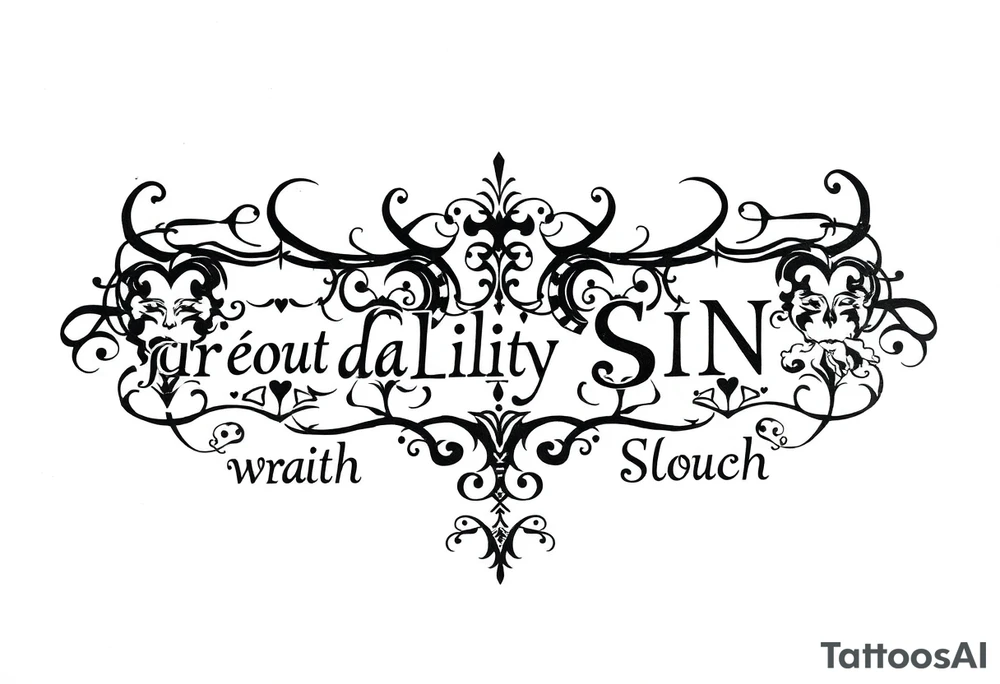 powerful sexy seven deadly sins stencil  with words greed, pride, gluttony, wrath, lust, sloth and envy, with a darkness kind of feeling tattoo idea