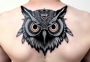 Owl head with large intense tripping on acid colored eyes without pupils, cyber style  and and geometry glowing circle on the forheadl tattoo idea