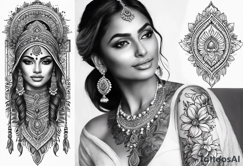 Please design a full sleeve tatto starting on my hand with a beautiful indian woman going up my arm will be her hair wrapping around my arm mixed with floral tattoo idea