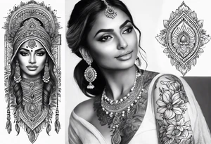 Please design a full sleeve tatto starting on my hand with a beautiful indian woman going up my arm will be her hair wrapping around my arm mixed with floral tattoo idea
