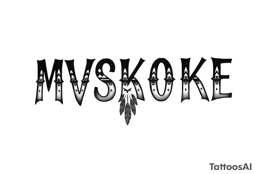 The word “MVSKOKE” shaded with Native American pattern tattoo idea