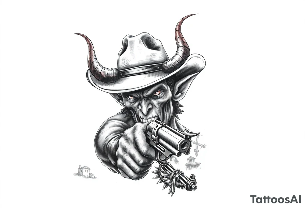 a demon with cowboy-hat ,a gun in a hand, old buildings in the background. tattoo idea
