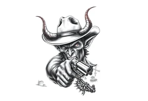 a demon with cowboy-hat ,a gun in a hand, old buildings in the background. tattoo idea