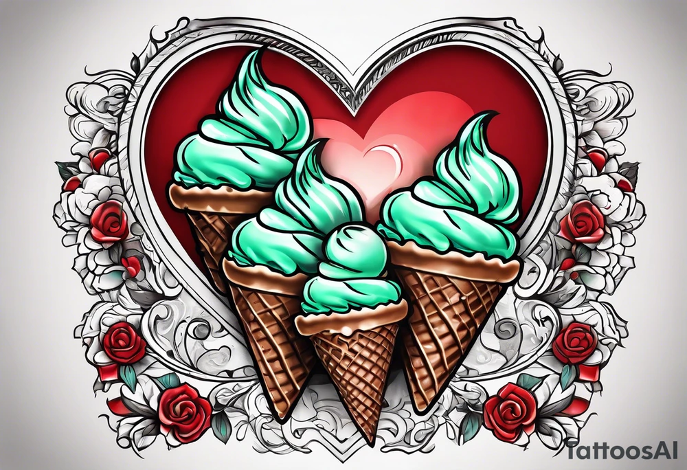 mint chocolate chip ice cream cone with small red heart on it somewhere. tattoo idea