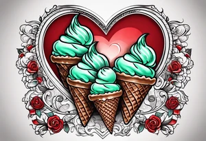 mint chocolate chip ice cream cone with small red heart on it somewhere. tattoo idea