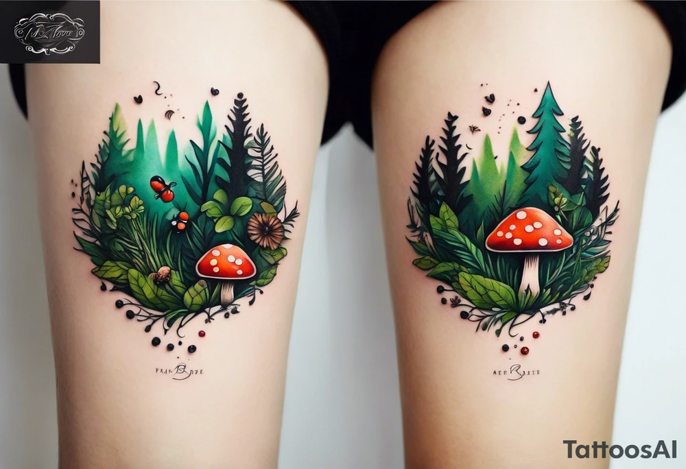 minimalistic forest floor inspired tattoo, which includes grass, moss, curly ferns and dead leaves as the bulk of the tattoo. details to include: forest berries, couple of very small brown mushrooms, a tiny bumblebee flying nearby tattoo idea