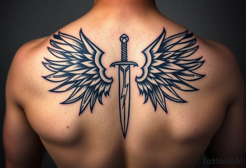 Wings wrapping up and around surrounding a sword and lightening bolt tattoo idea