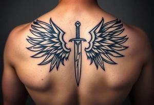 Wings wrapping up and around surrounding a sword and lightening bolt tattoo idea