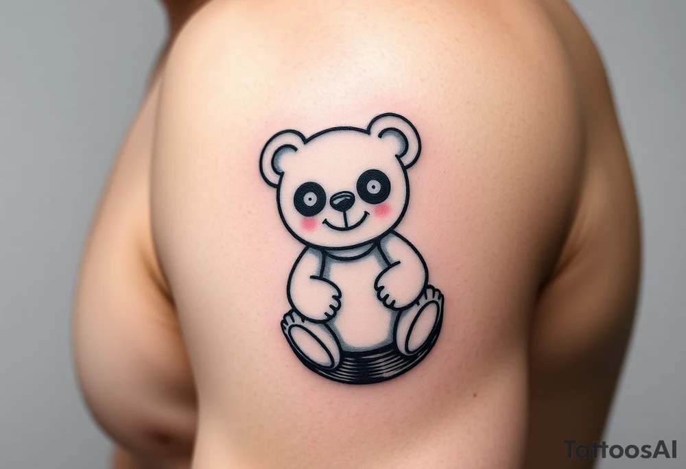 minimalist teddy bear with vinyl records as eyes smiling and sitting on a record tattoo idea