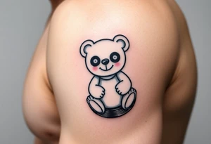 minimalist teddy bear with vinyl records as eyes smiling and sitting on a record tattoo idea