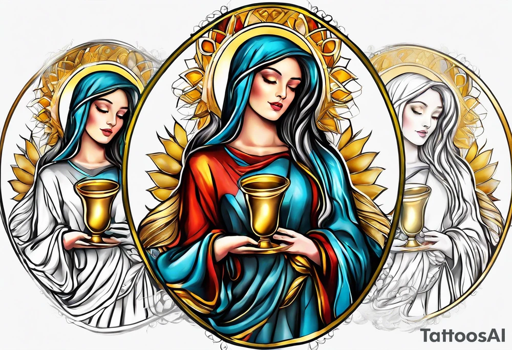 holy saint woman turned away with golden halo holding a chalice tattoo idea
