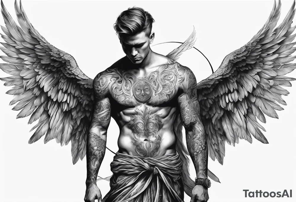 realistic full body of angel of death, without face, man tattoo idea