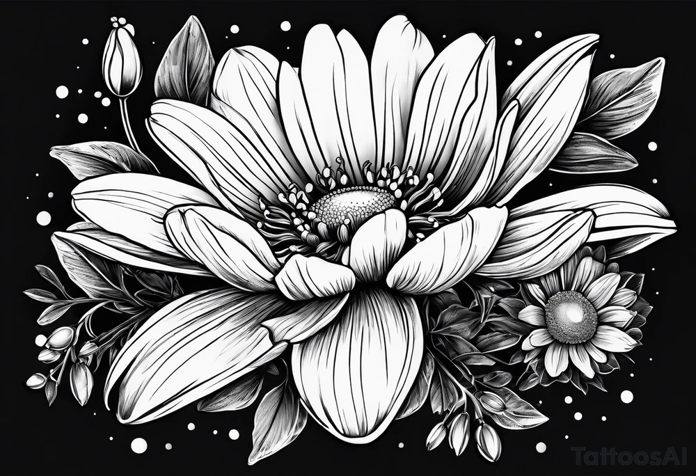 Daisy honeysuckle cosmos snowdrop tattoo idea