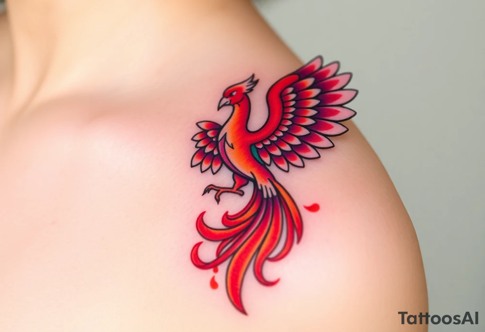 Square, phoenix rising from fire with both wings opened, colors red, pink, orange and purple. tattoo idea