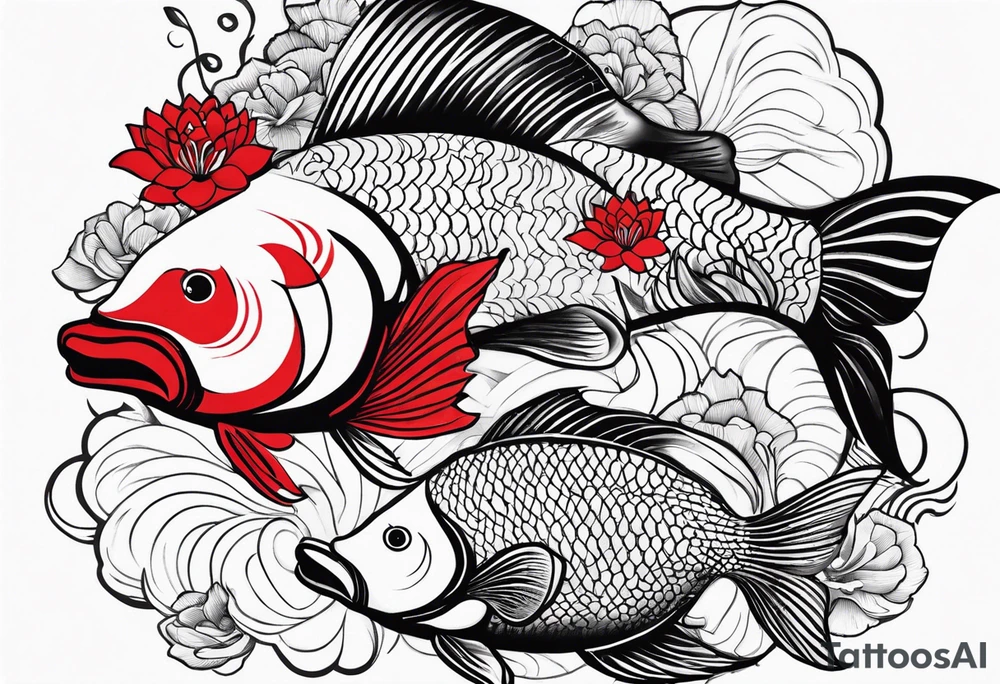 twin coi fish one red one black with waves and lotus flowers tattoo idea