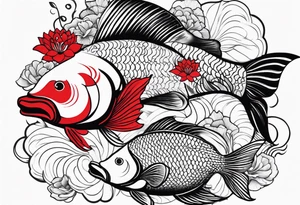 twin coi fish one red one black with waves and lotus flowers tattoo idea