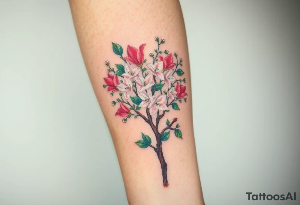flowering hawthorn tree with white lilly of the vally plants tattoo idea