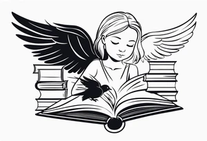 Small tattoo for shoulder. Angel kneeling next to open stack of books with bird silhouettes flying out of the book. tattoo idea