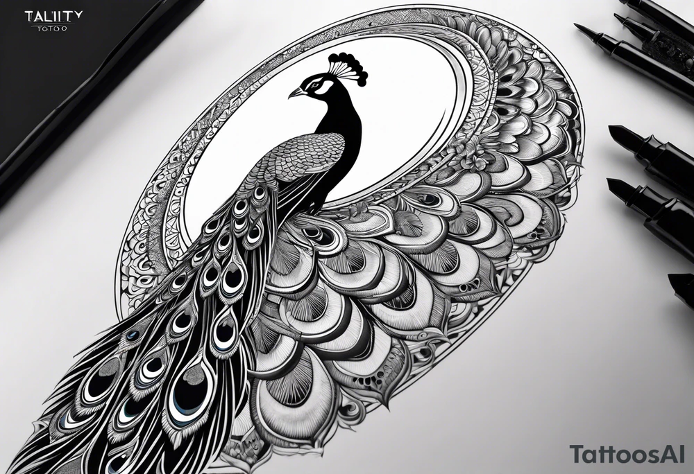 black and white peacock with infinity in feather and moon above tattoo idea