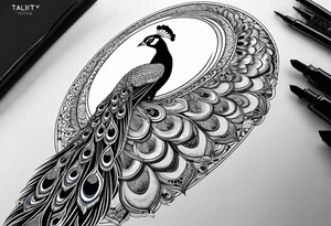 black and white peacock with infinity in feather and moon above tattoo idea