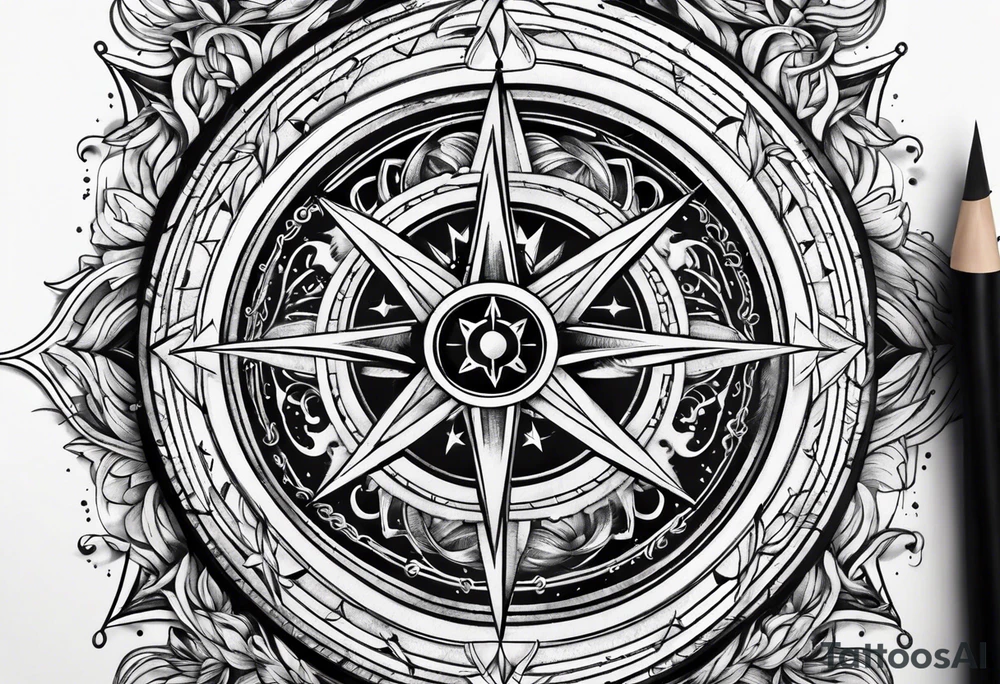 compass surrounded by stars and waves tattoo idea