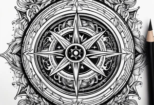 compass surrounded by stars and waves tattoo idea