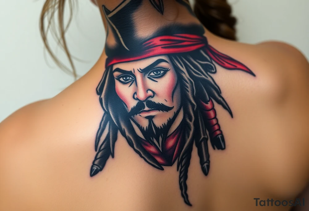 A stylized Jack Sparrow with exaggerated pirate hat and wild dreadlocks, done in bold black ink with deep red highlights for the bandana tattoo idea