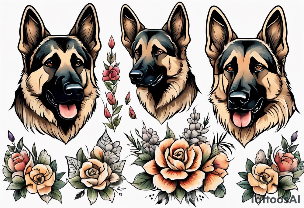 Sable German shepherd portrait with flowers tattoo idea