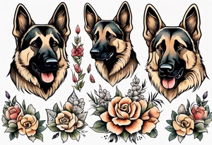 Sable German shepherd portrait with flowers tattoo idea