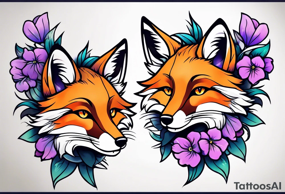 Neo traditional fox with violets tattoo idea